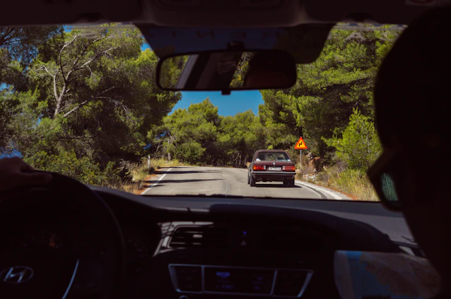 A group of drivers using their phones to report road hazards on a scenic highway surrounded by forest.