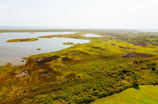 Aerial view of a recharged aquifer area with wetlands and natural water channels.