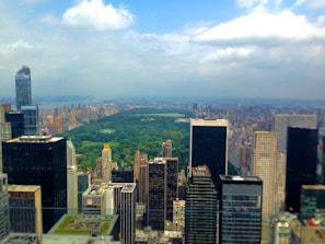 An aerial view of a city park surrounded by skyscrapers on a sunny day