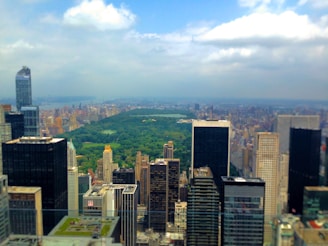 An aerial view of a city park surrounded by skyscrapers on a sunny day