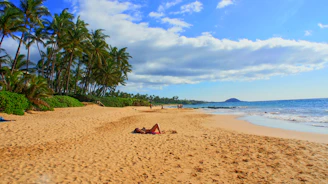 Family enjoying a sunny day at Bali Beach Resort’s sandy shore with palm trees swaying.