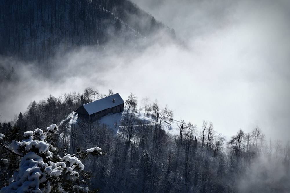 Luftaufnahme eines braun-weißen Hauses, das mit Schnee bedeckt ist