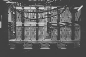 Close-up of telecom equipment and devices arranged neatly