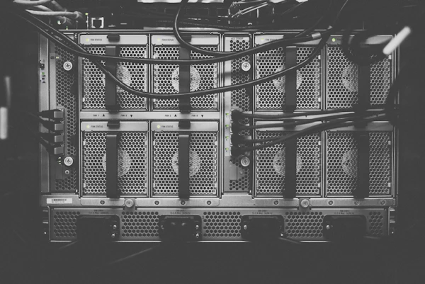 Black and white view of cables behind server units