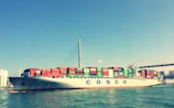 A large cargo ship is sailing across the water, laden with numerous colorful shipping containers stacked in rows. The skyline is visible in the background, along with a suspension bridge stretching across the scene. The ship bears the name Cosco Ningbo and the water reflects its image under a clear blue sky.