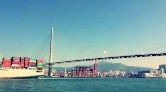A large cargo ship laden with colorful shipping containers sails beneath a modern cable-stayed bridge. In the background, a bustling port with cranes and a skyline of urban buildings set against a mountainous landscape. The sky is clear, contributing to the vivid colors in the scene.