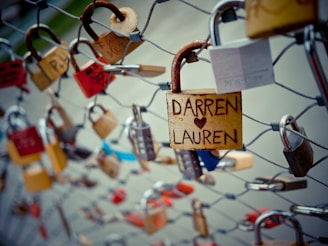 A collection of padlocks attached to a wire fence, with one prominently displayed lock inscribed with the names DARREN and LAUREN, accompanied by a heart symbol. The focus is on this lock while other locks in various colors and shapes create a colorful background.