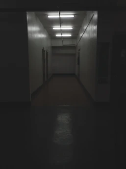 A pixelated eerie hallway inspired by PS1 horror games with flickering lights.