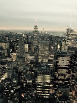 Aerial view of the Ferrara Manufacturing building in New York City with city skyline in the background.