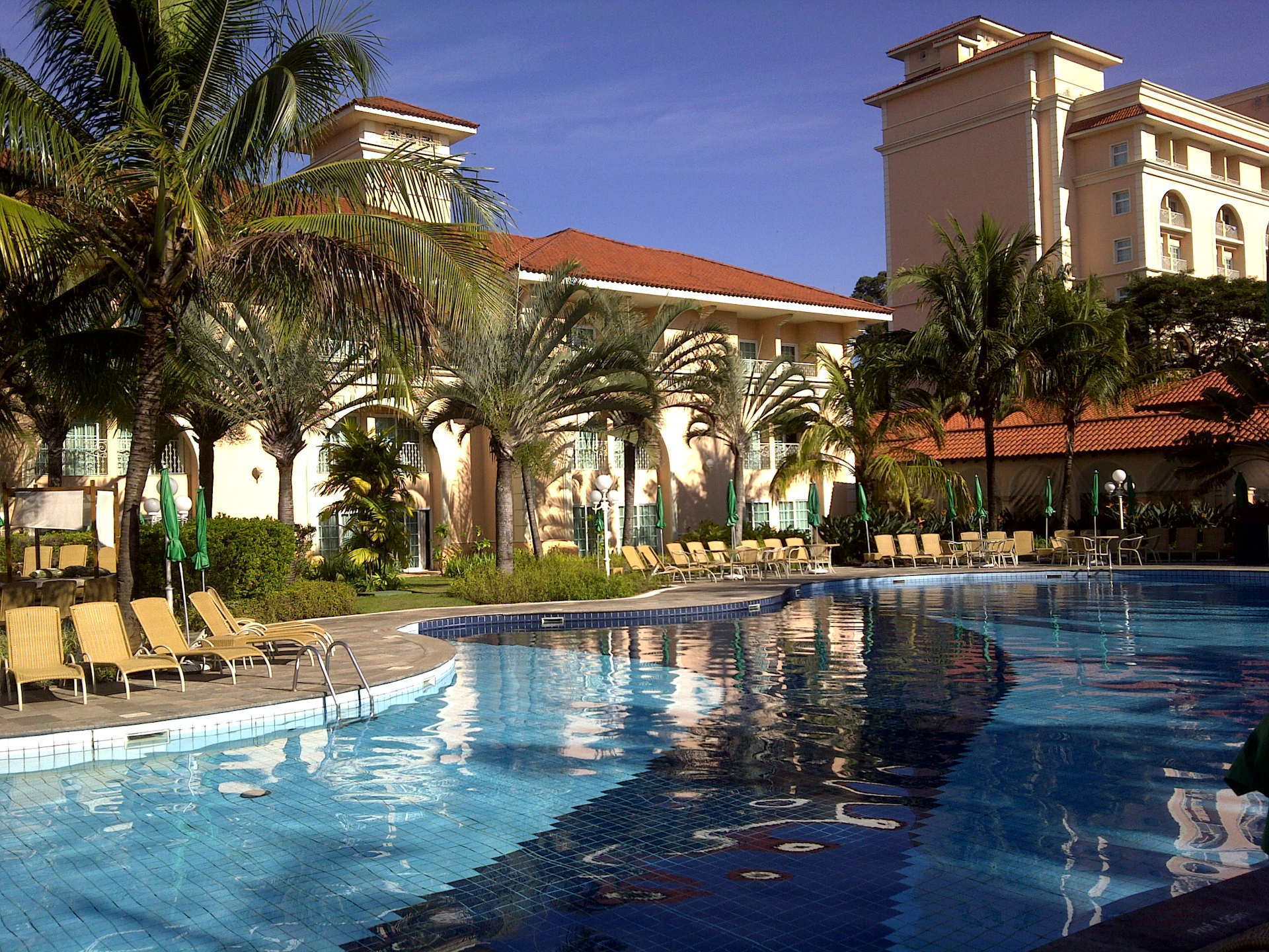 A serene resort-style pool area surrounded by stylish loungers and tall trees, capturing the tranquil, global township vibe of Central Park Flower Valley.