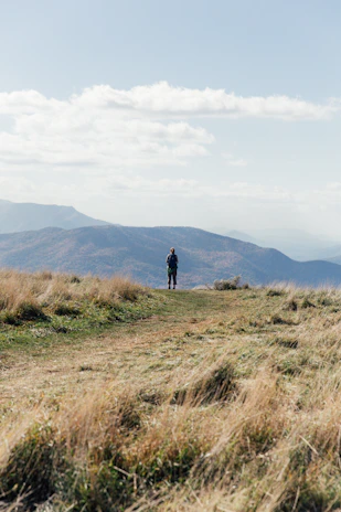 A lone hiker stands on a grassy hilltop, surrounded by rugged mountains under a partly cloudy sky. The landscape has a serene and remote feel, with golden grass swaying gently in the breeze.