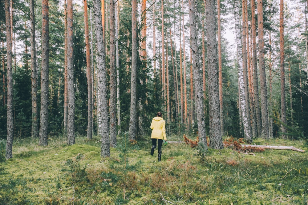 a person in a yellow jacket standing in a forest