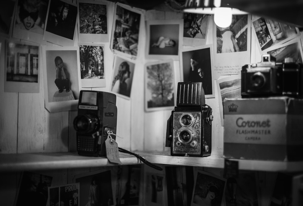 grayscale photo of vintage camera
