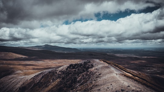 aerial photography of brown mountains with cloudy skies in Tongariro National Park New Zealand