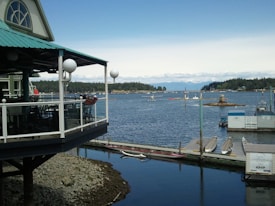 A waterfront scene featuring a building with a patio overlooking a body of water. The patio has railings and outdoor seating. The water is calm and surrounded by green forests and distant mountains. There are small boats and a seaplane in the water, along with docks and other structures. The sky is clear with some clouds on the horizon.