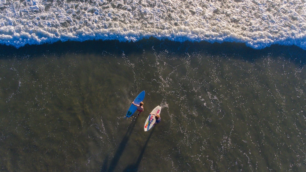 high angle photo of two persons carrying surfboards on seashore