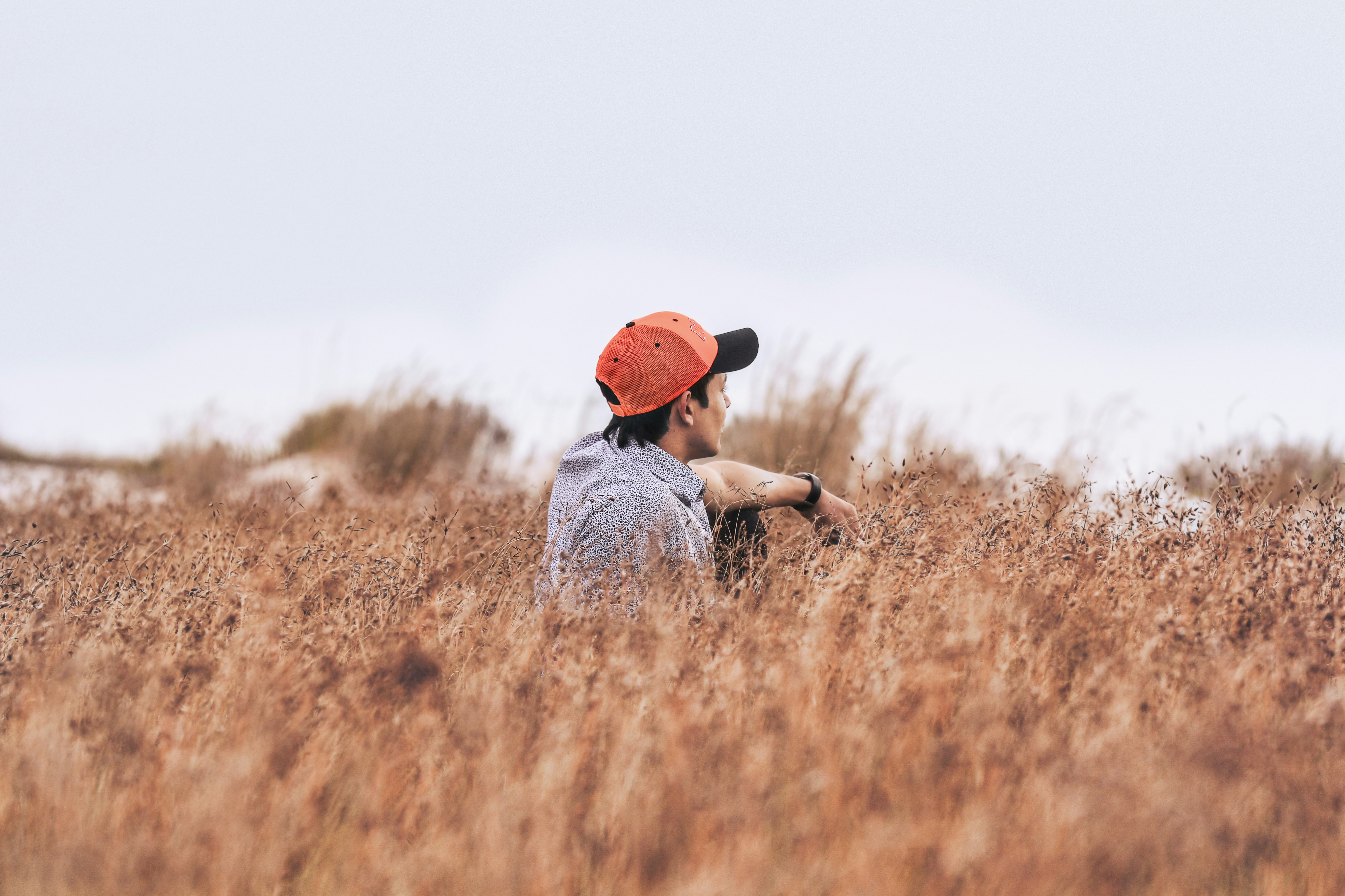 sitting man wearing red cap on brown flower field at daytime, 