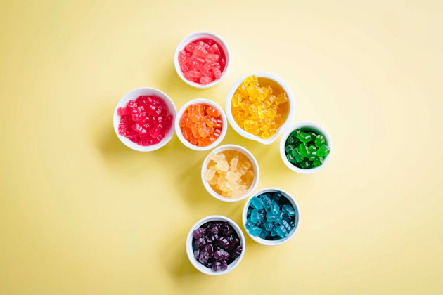 Cups of colourful gummy candy in Gummy Bear Village