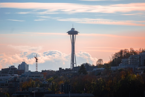 The image features the Space Needle, a distinctive tower situated in a city landscape. It is surrounded by a mix of residential and commercial buildings with visible trees. The sky has a gradient of soft pastel hues, including pink and orange, against a backdrop of white clouds.