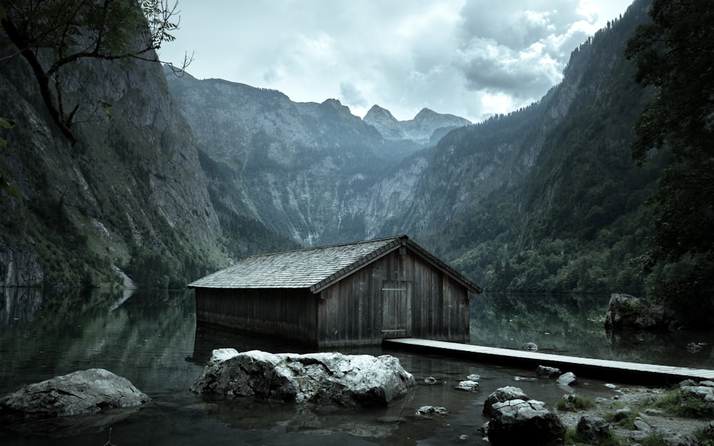 brown wooden cabin on body of water