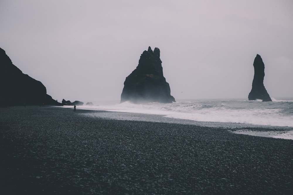 Graustufenfoto eines Strandes mit Wellen während des Tages