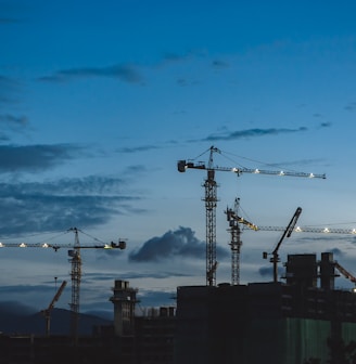 several cranes above the buildings