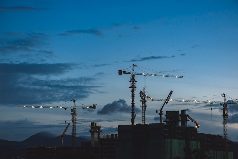 plusieurs grues au-dessus des bâtiments