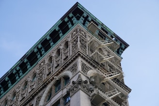 A detailed section of a historic building with ornate architectural features. The facade showcases intricate carvings and decorative elements, with prominent fire escapes attached to the structure. The building has a distinct, classical design with a greenish patina along the roofline.