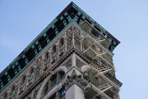A detailed section of a historic building with ornate architectural features. The facade showcases intricate carvings and decorative elements, with prominent fire escapes attached to the structure. The building has a distinct, classical design with a greenish patina along the roofline.