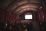 A dimly lit movie theater with rows of red cushioned seats occupied by people watching a film. The auditorium has ornate architectural details with a curved ceiling and classic wall designs. The large screen at the front is illuminated, casting a glow over the audience.