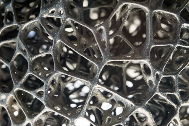 An intricate latticework of organic and abstract forms creates a complex network of interlinked structures. The design is metallic with a rough texture, evoking a sense of technological or natural complexity.