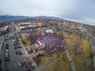 An aerial view of a large crowd gathered for a rally.