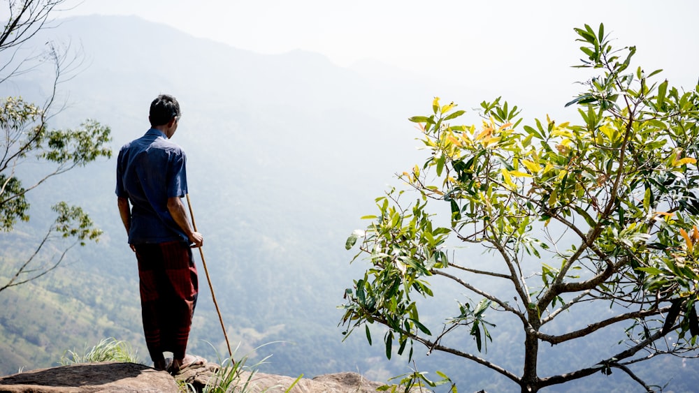 昼間、緑の葉の植物のそばの山の崖の上に立つ男性