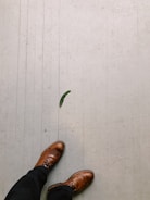 Brown leather shoes are seen on a textured gray floor with a single green leaf nearby. The shoes are positioned as if being worn, with the person standing slightly apart. The scene is minimalistic, focusing on the contrast between the earthy tones of the shoes and the neutral background.