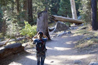 A person hiking on a sunny trail, carrying a backpack with tdm sunshine lotion visible in the side pocket.