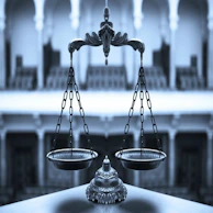 Close-up of a justice scale balanced perfectly against a deep black background with gold accents.