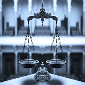 Close-up of a balanced scale of justice with dark, elegant background.