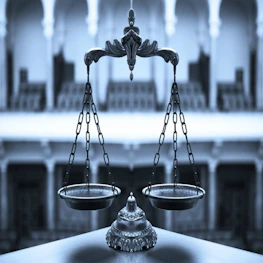 Black and white close-up of legal scales balanced on a polished desk.