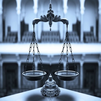 A close-up of Lady Justice statue holding balanced scales against a deep espresso martini background.