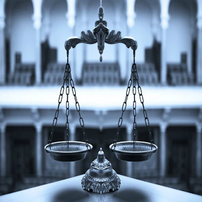 Close-up of a balanced justice scale in a well-lit law office.