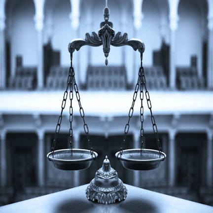 A balanced scale of justice placed on a polished surface with soft lighting.