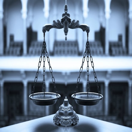 Elegant close-up of a golden legal scale on a navy blue textured background.