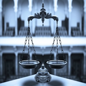 An ornate balance scale with intricate detailing is prominently positioned in the foreground against a blurred architectural backdrop of arches and columns, conveying a sense of elegance and precision.