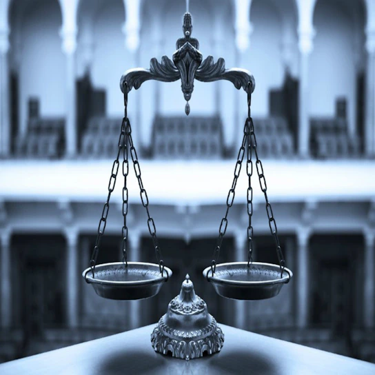 Elegant close-up of balanced scales of justice on a wooden desk with a blue background.