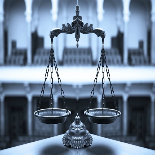 A modern digital balance scale glowing in navy blue and gold, symbolizing justice and technology.