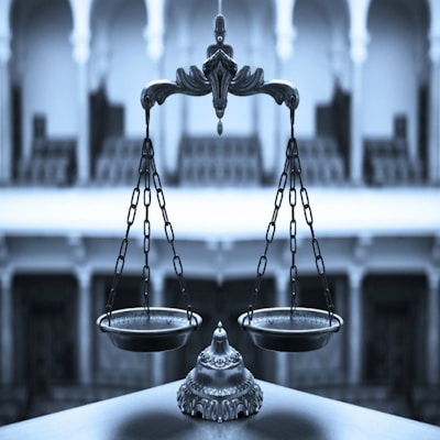 An ornate balance scale with intricate detailing is prominently positioned in the foreground against a blurred architectural backdrop of arches and columns, conveying a sense of elegance and precision.