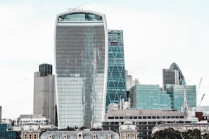 City skyline featuring mixed-use buildings with sustainable design elements