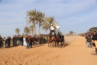 A large crowd is gathered in an open area under a blue sky with scattered clouds, watching two mounted riders performing stunts on several horses. The environment is sandy, with palm trees visible in the background, and spectators lining both sides, creating a lively and dynamic scene.