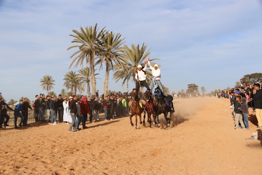 A large crowd is gathered in an open area under a blue sky with scattered clouds, watching two mounted riders performing stunts on several horses. The environment is sandy, with palm trees visible in the background, and spectators lining both sides, creating a lively and dynamic scene.
