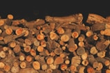 A large pile of neatly stacked, cut firewood with visible bark and varying sizes and textures of logs.